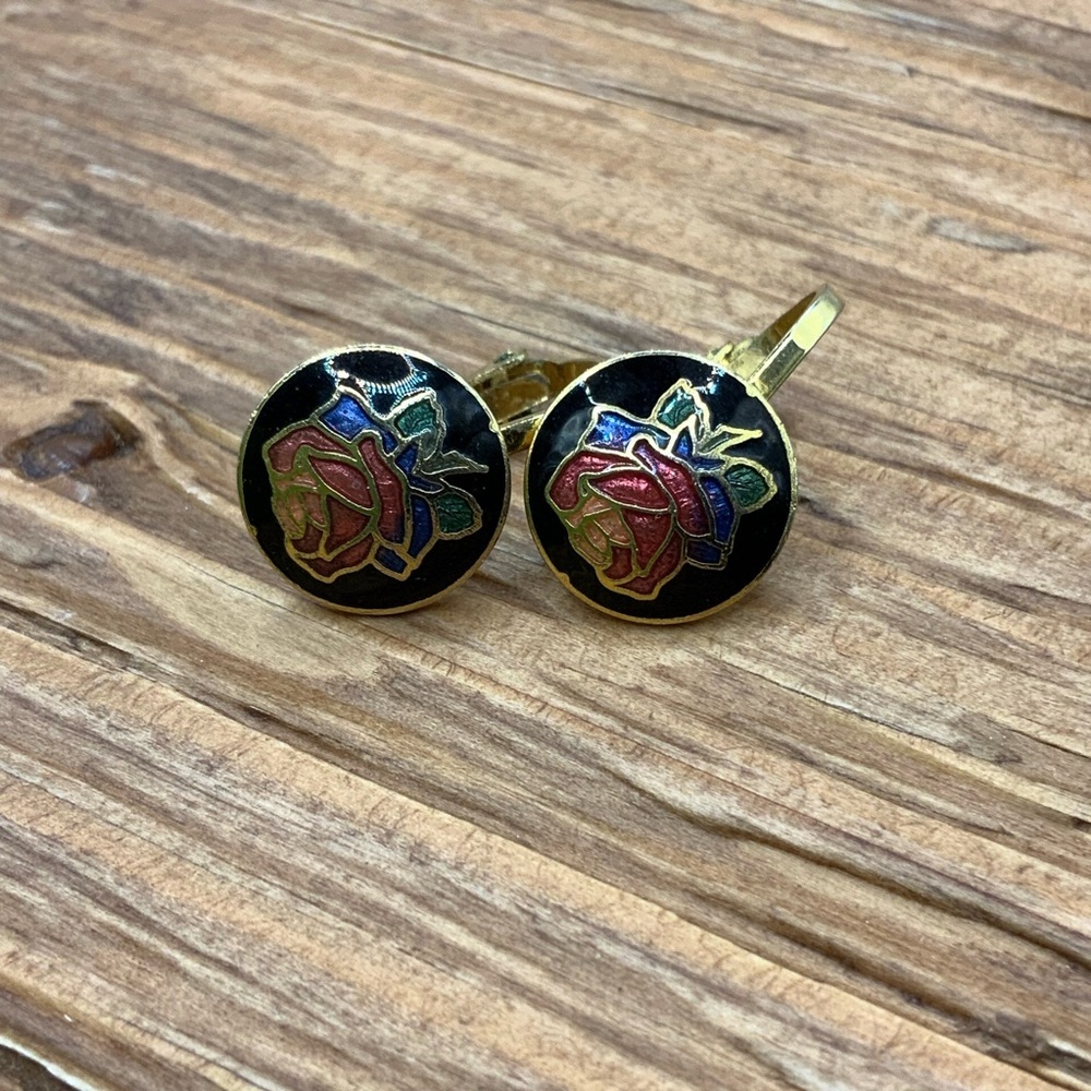 Cloisonne Vintage Elegant Gold Tone Black Floral Rose Clip On Earrings